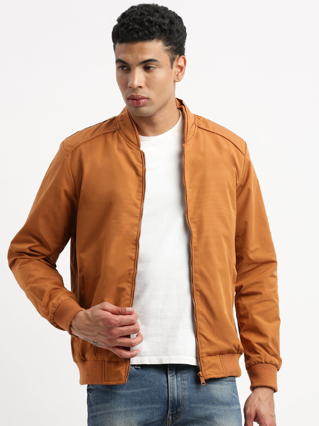 Men Mandarin Collar Mustard Solid Bomber Jacket