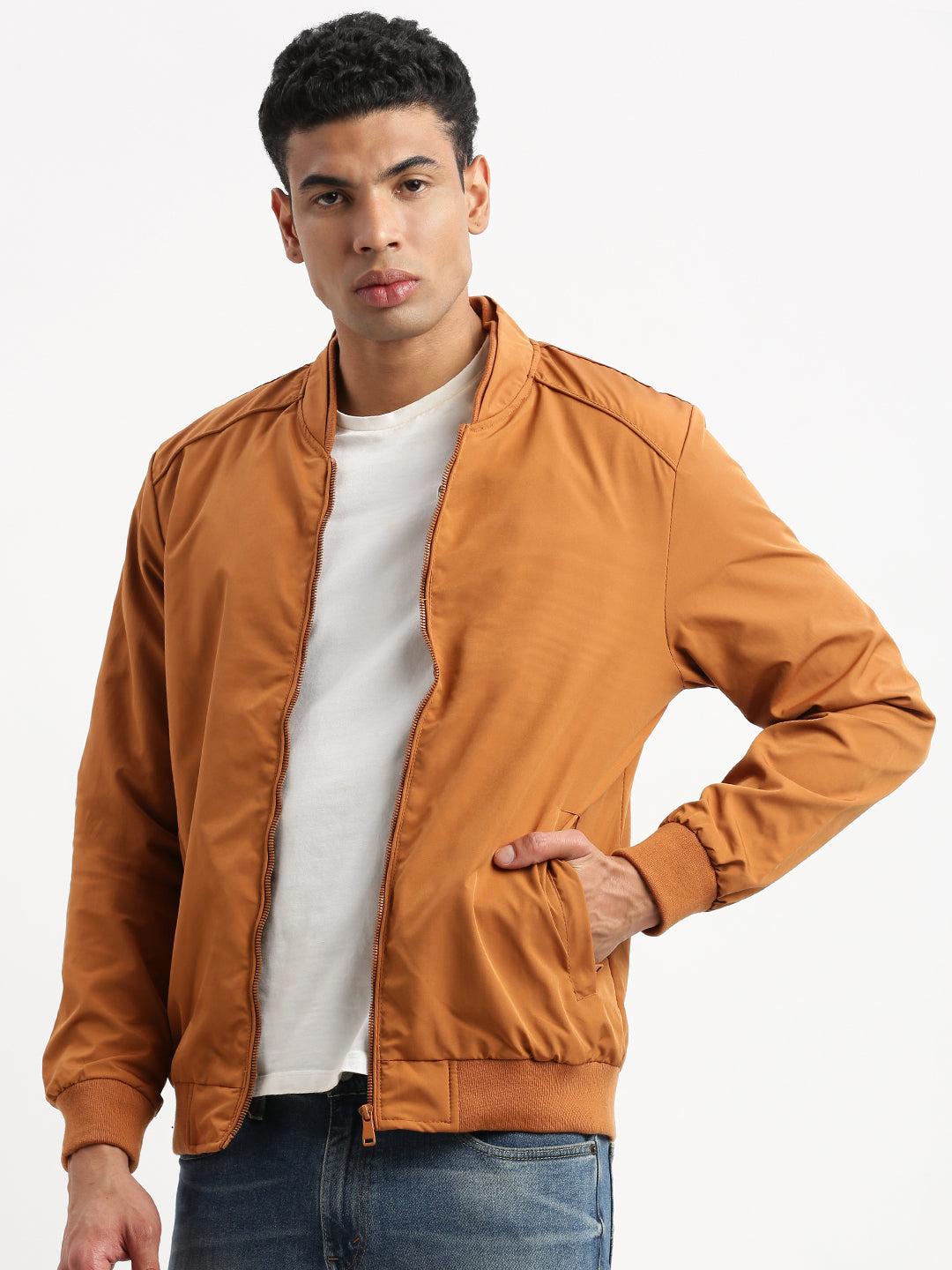 Men Mandarin Collar Mustard Solid Bomber Jacket