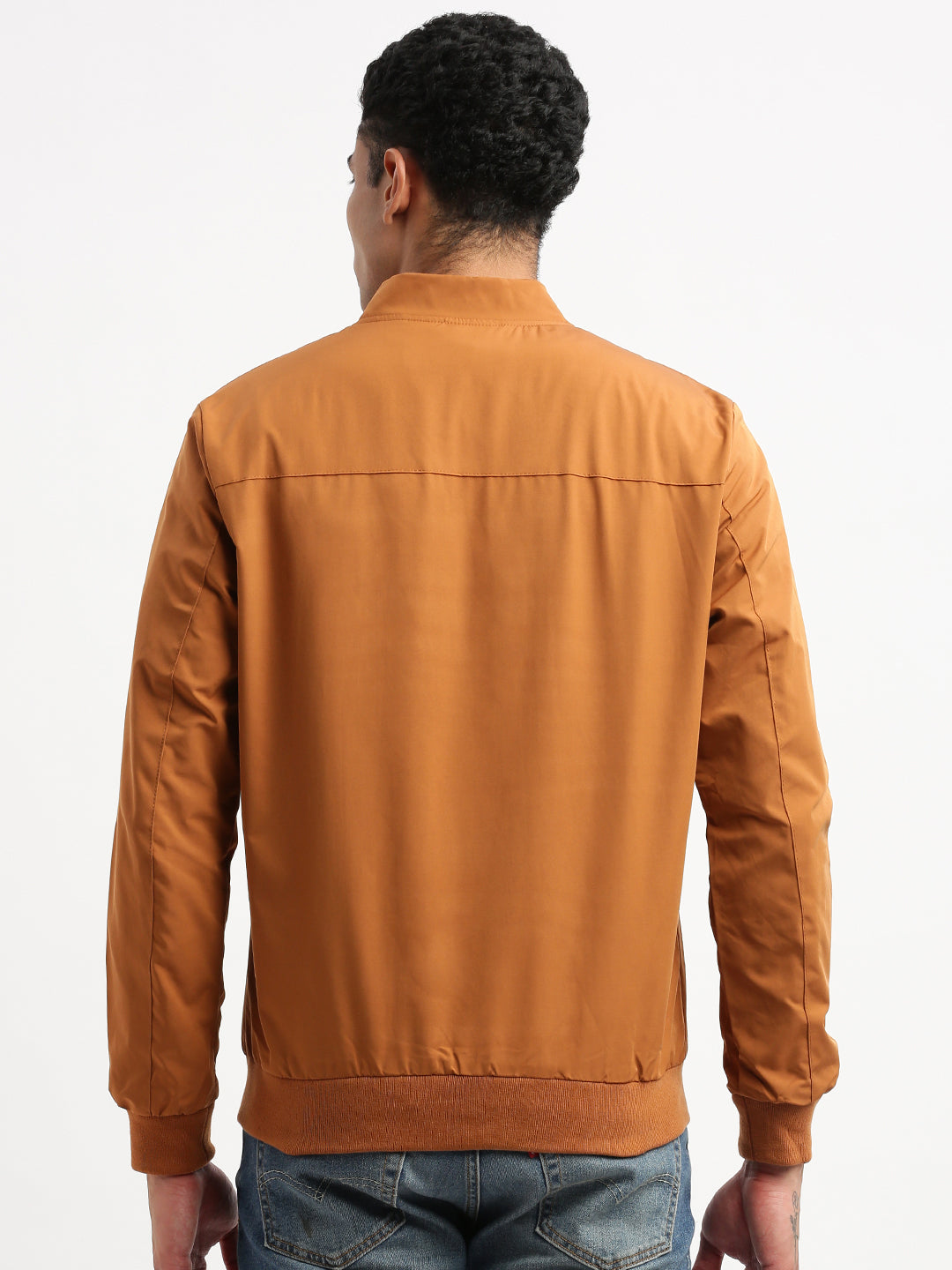 Men Mandarin Collar Mustard Solid Bomber Jacket