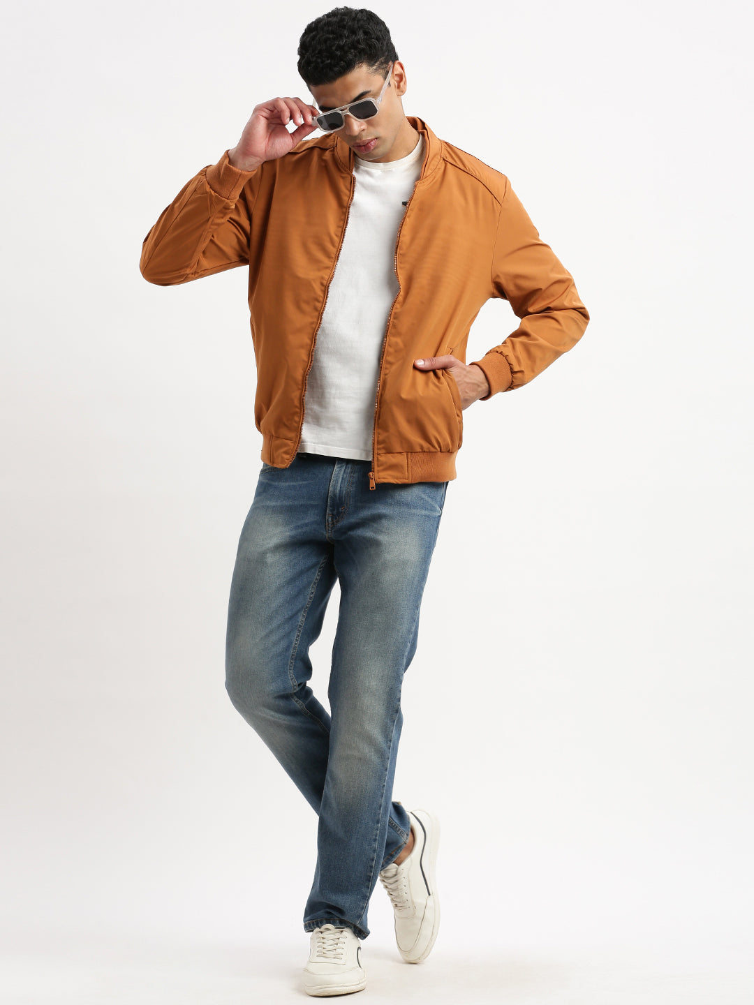 Men Mandarin Collar Mustard Solid Bomber Jacket