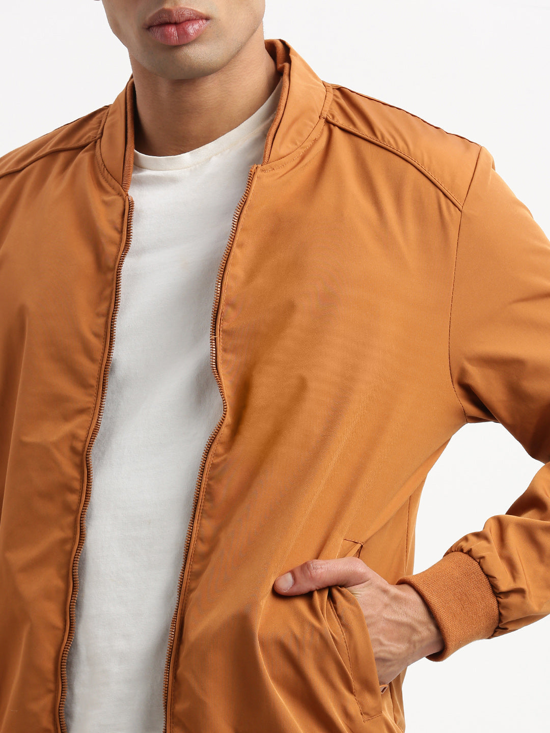 Men Mandarin Collar Mustard Solid Bomber Jacket