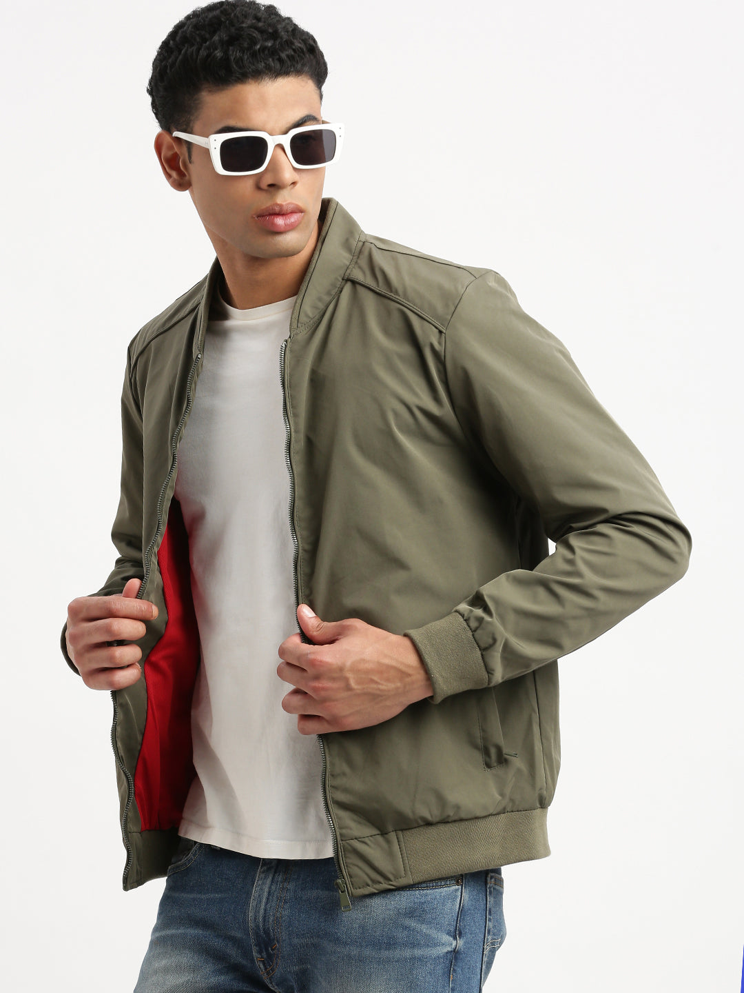 Men Mandarin Collar Olive Solid Bomber Jacket