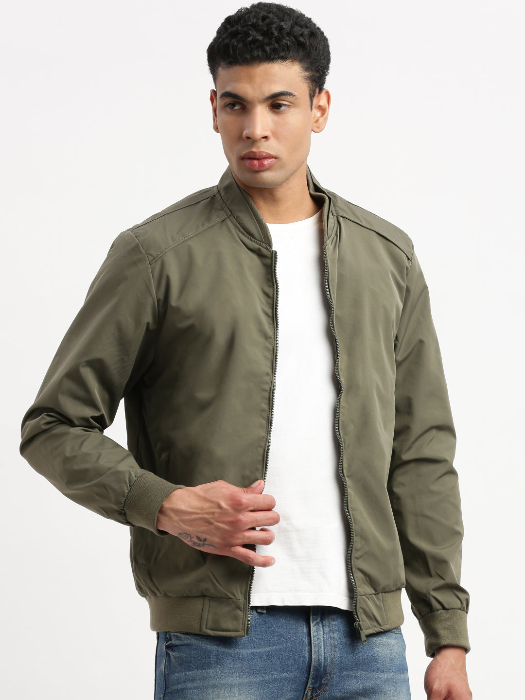 Men Mandarin Collar Olive Solid Bomber Jacket