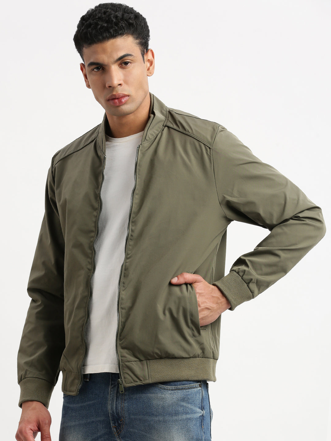 Men Mandarin Collar Olive Solid Bomber Jacket