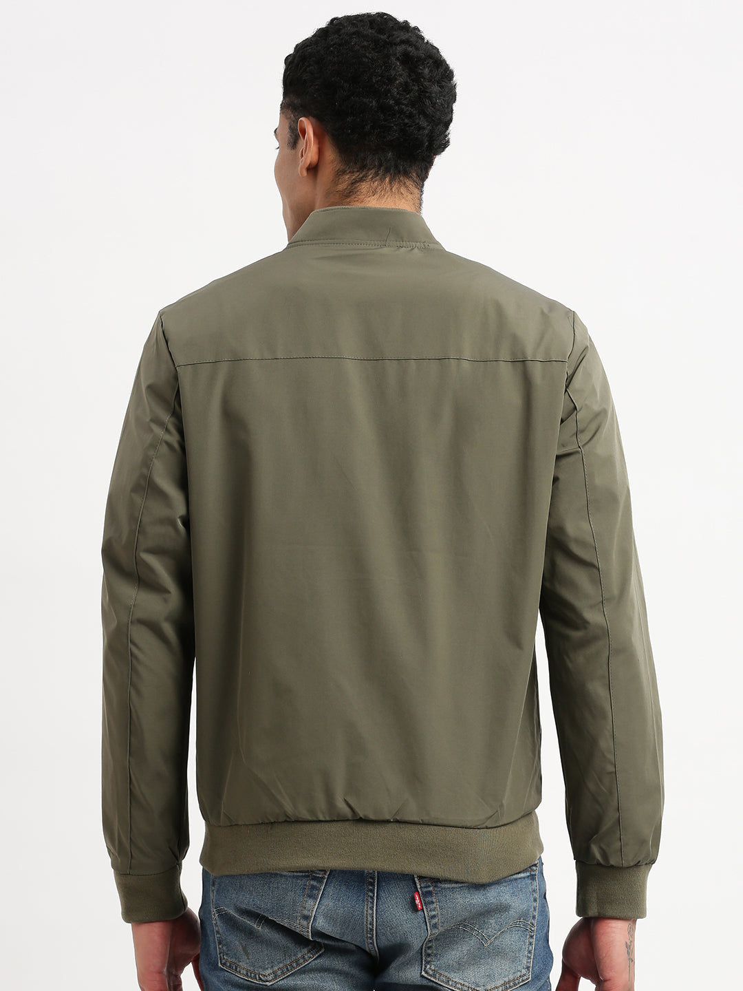 Men Mandarin Collar Olive Solid Bomber Jacket