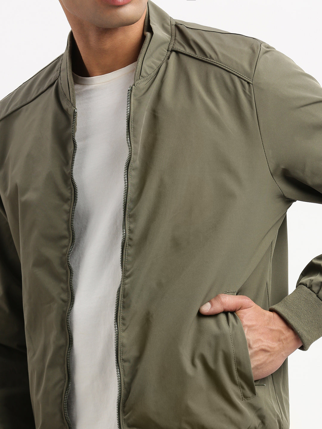 Men Mandarin Collar Olive Solid Bomber Jacket