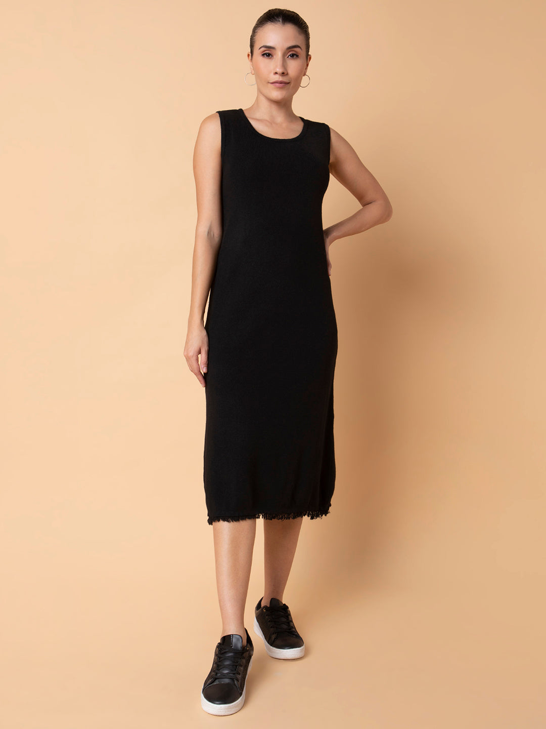 Women Solid Black Midi Sheath Dress