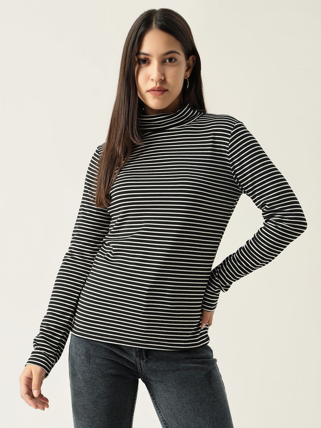 Women Striped Black Fitted Top