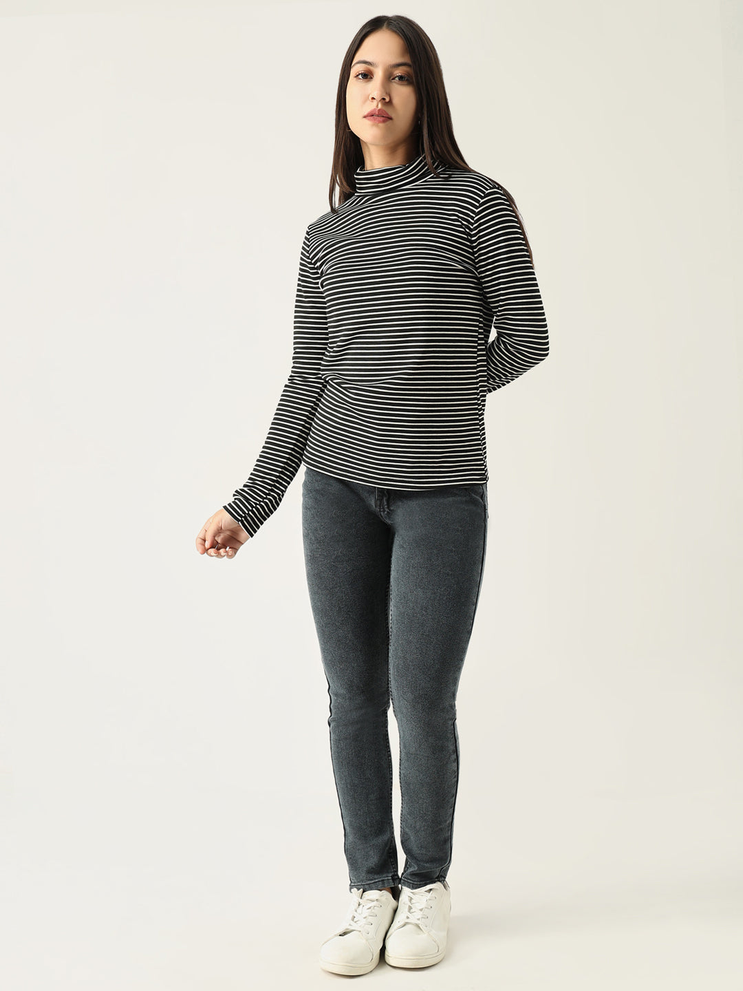 Women Striped Black Fitted Top