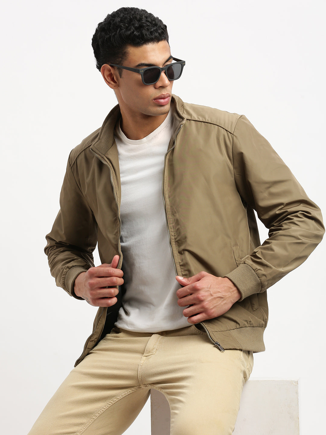 Men Mock Collar Khaki Solid Bomber Jacket