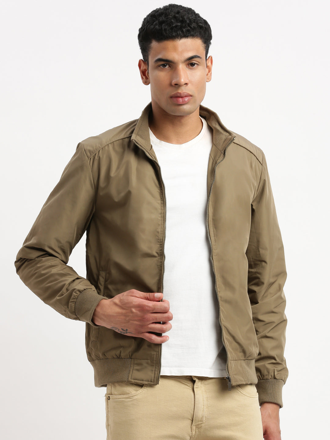 Men Mock Collar Khaki Solid Bomber Jacket