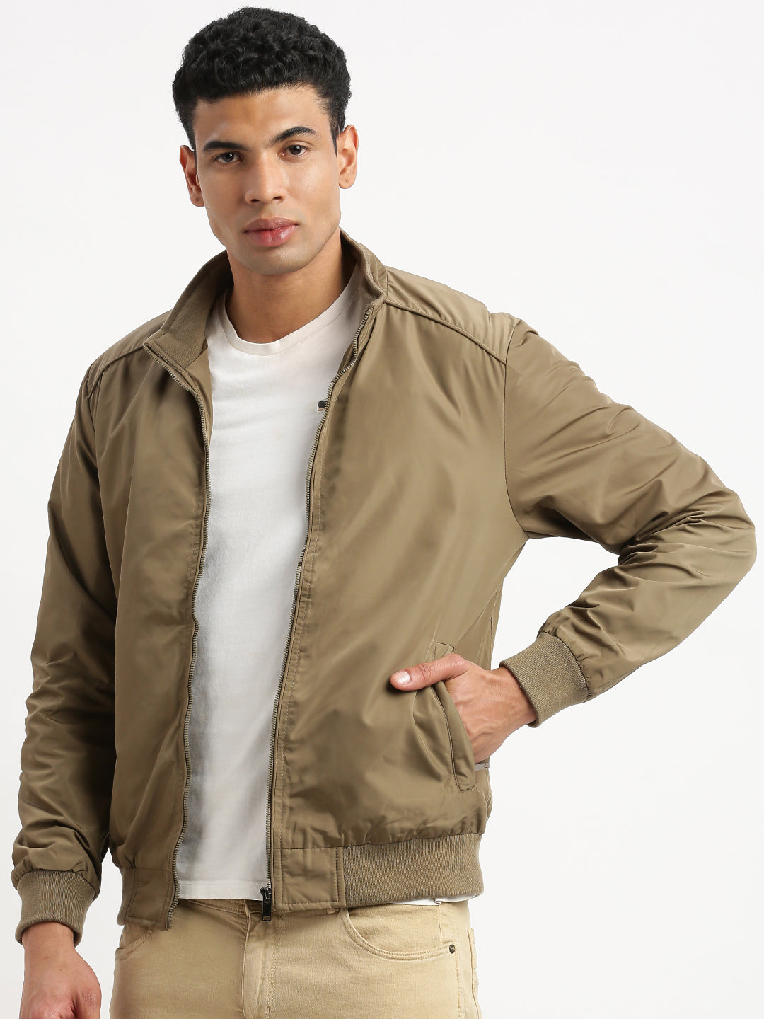 Men Mock Collar Khaki Solid Bomber Jacket