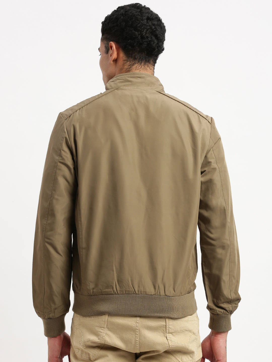 Men Mock Collar Khaki Solid Bomber Jacket