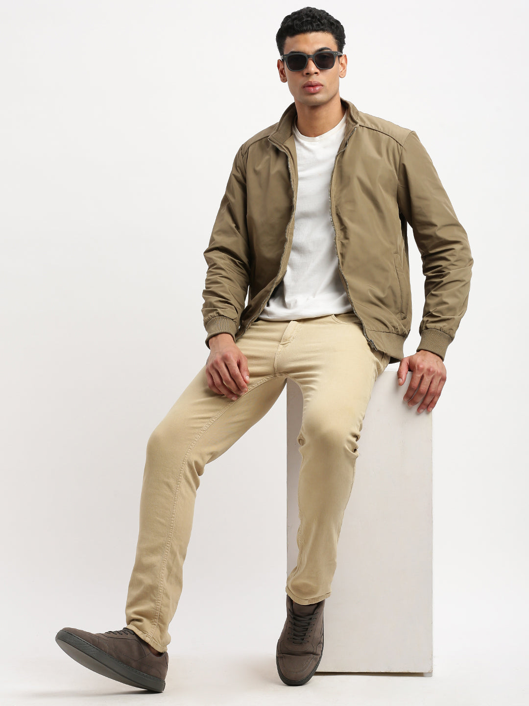 Men Mock Collar Khaki Solid Bomber Jacket