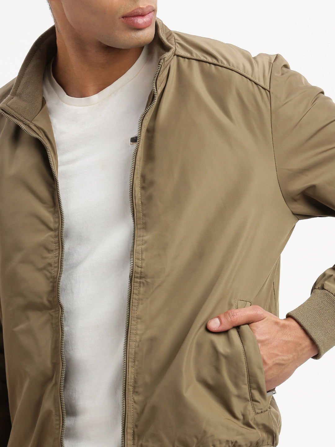 Men Mock Collar Khaki Solid Bomber Jacket