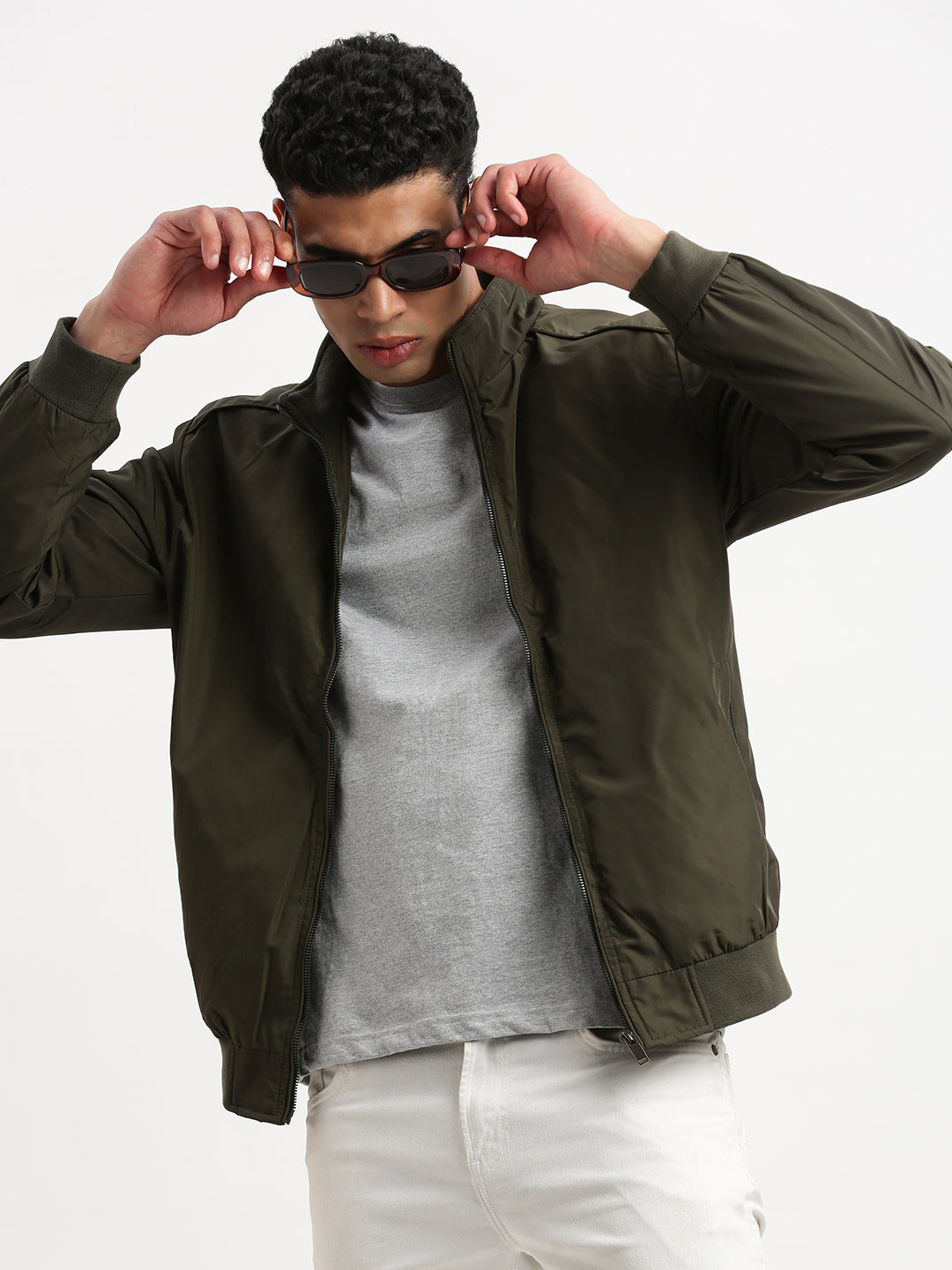 Men Mock Collar Olive Solid Bomber Jacket