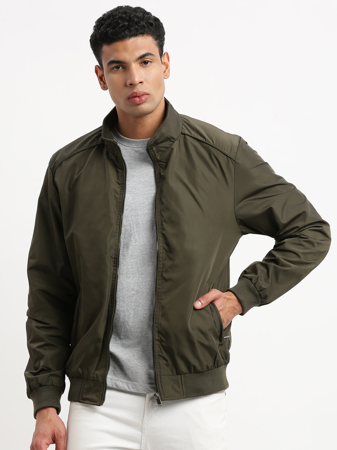 Men Mock Collar Olive Solid Bomber Jacket