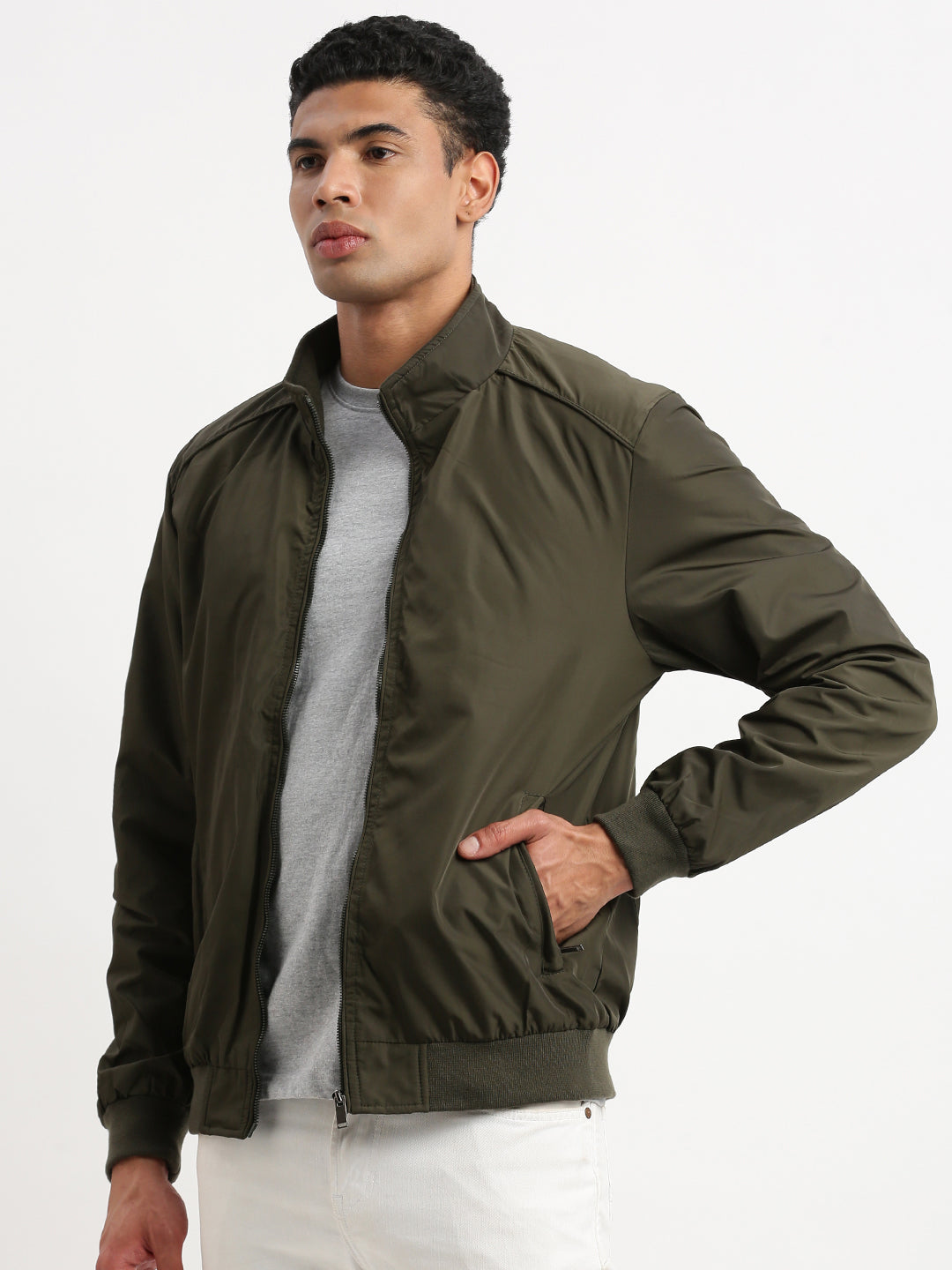 Men Mock Collar Olive Solid Bomber Jacket