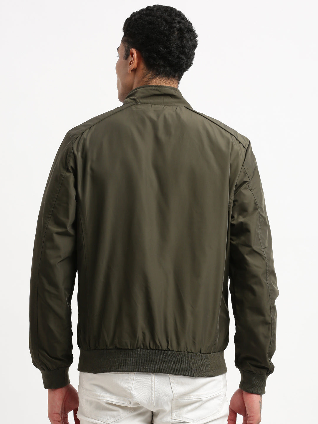 Men Mock Collar Olive Solid Bomber Jacket