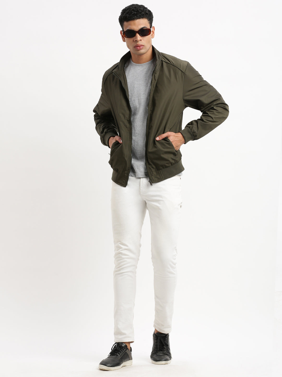 Men Mock Collar Olive Solid Bomber Jacket