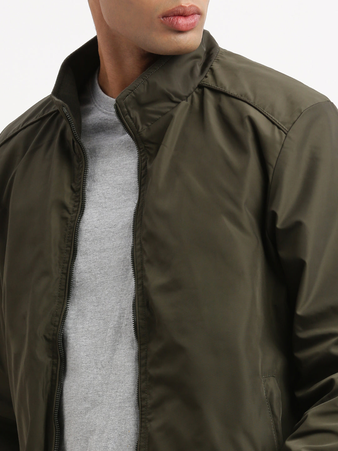 Men Mock Collar Olive Solid Bomber Jacket