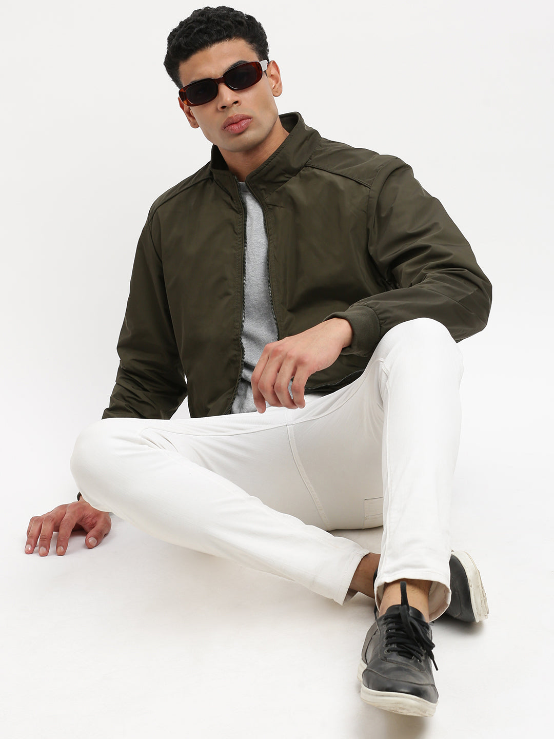 Men Mock Collar Olive Solid Bomber Jacket