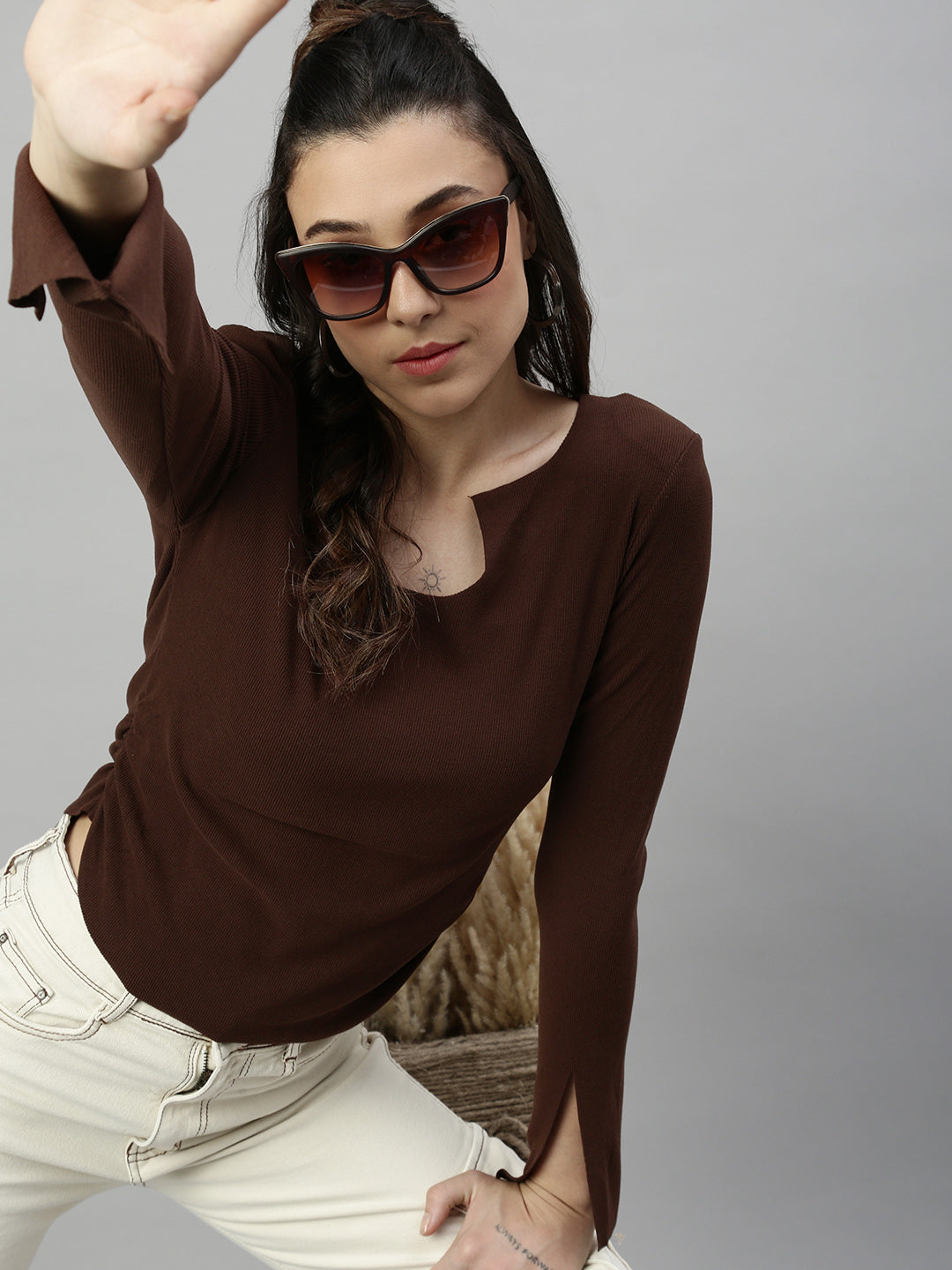 Women Solid Brown Fitted Top