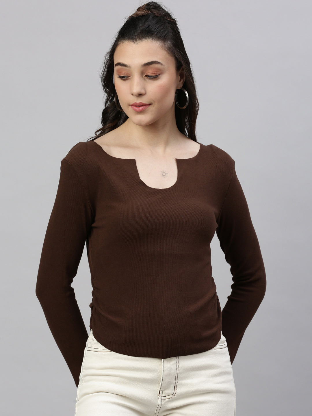 Women Solid Brown Fitted Top