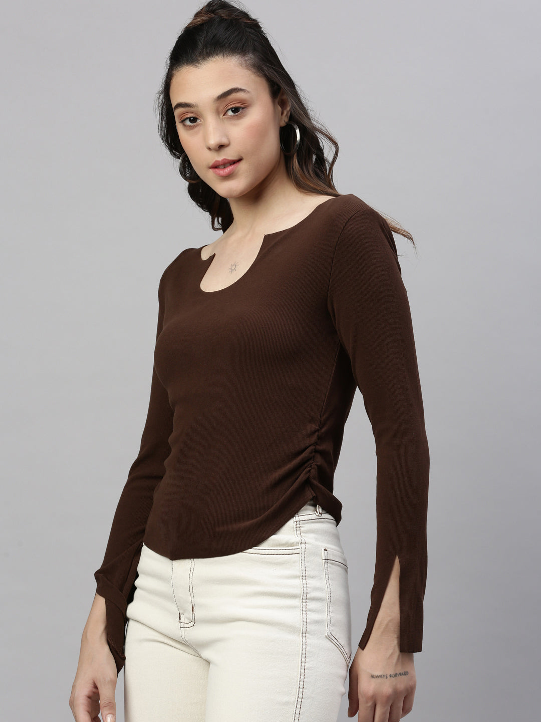 Women Solid Brown Fitted Top