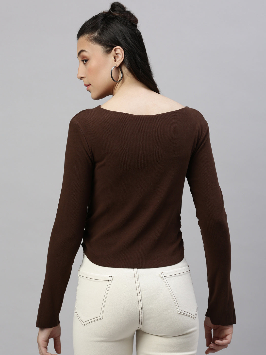 Women Solid Brown Fitted Top