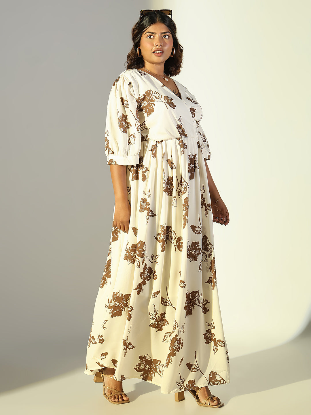 Women Cream Floral Fit and Flare Dress