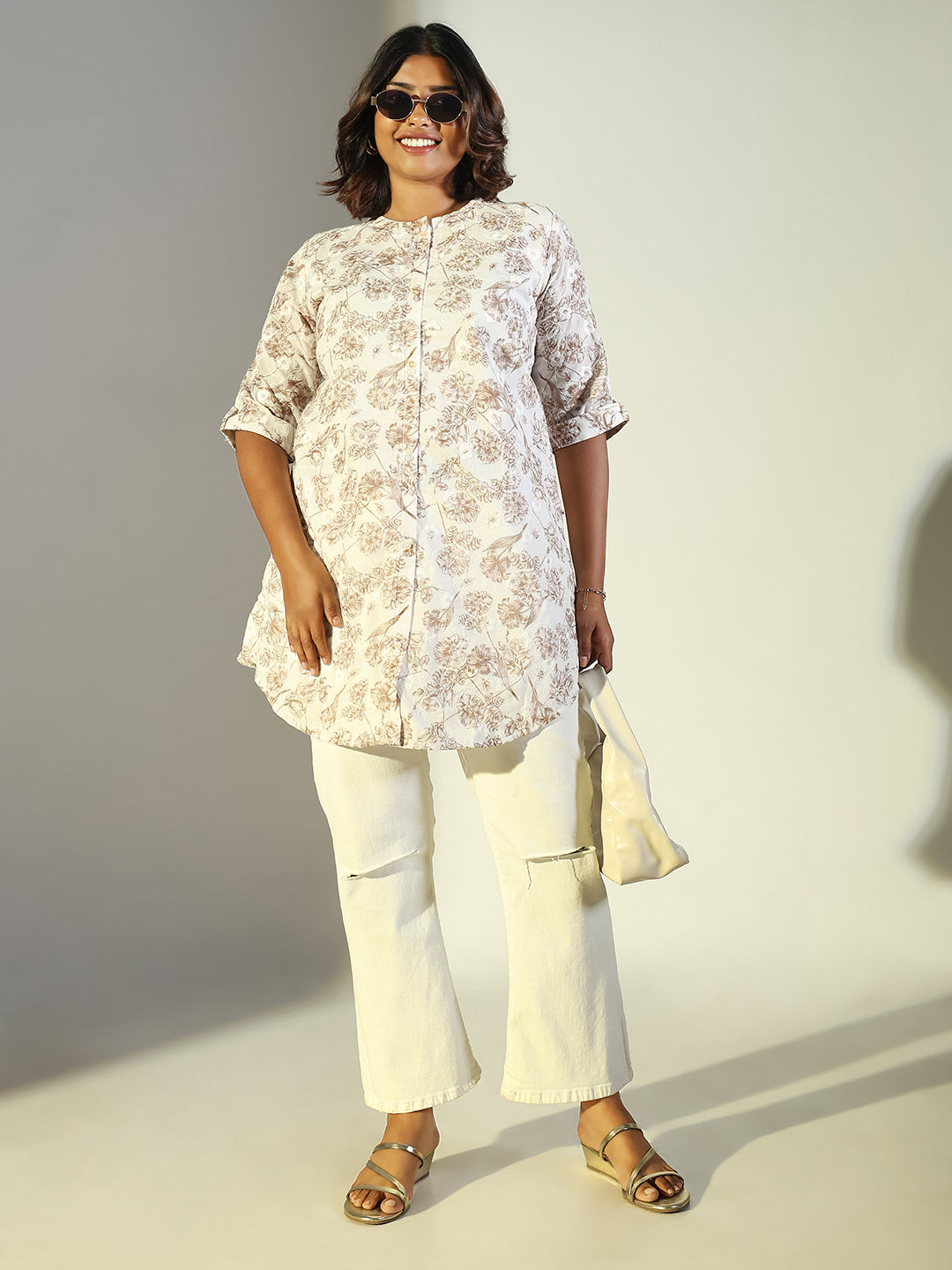 Women Cream Floral A Line Kurti