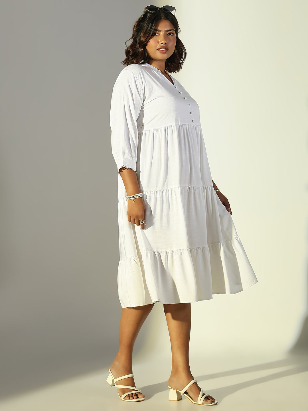 Women White Solid Fit and Flare Dress