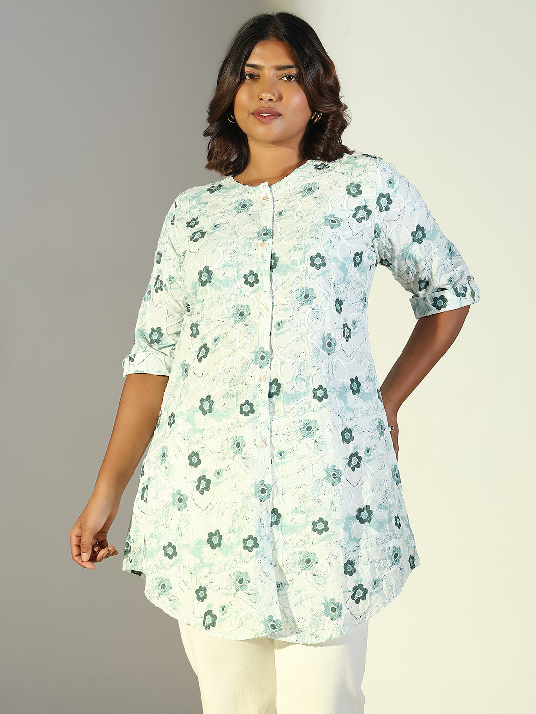 Women Green Floral A Line Kurti