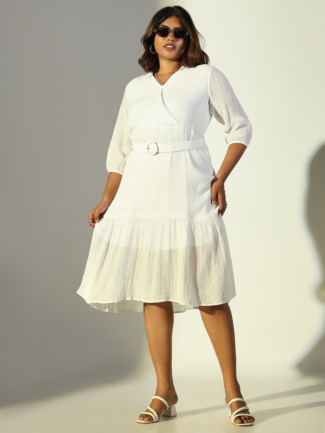 Women White Solid Fit and Flare Dress with Belt