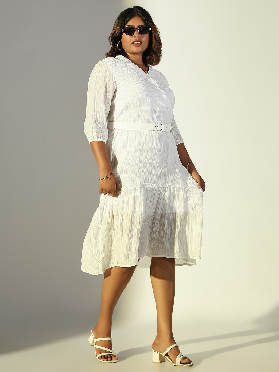 Women White Solid Fit and Flare Dress with Belt