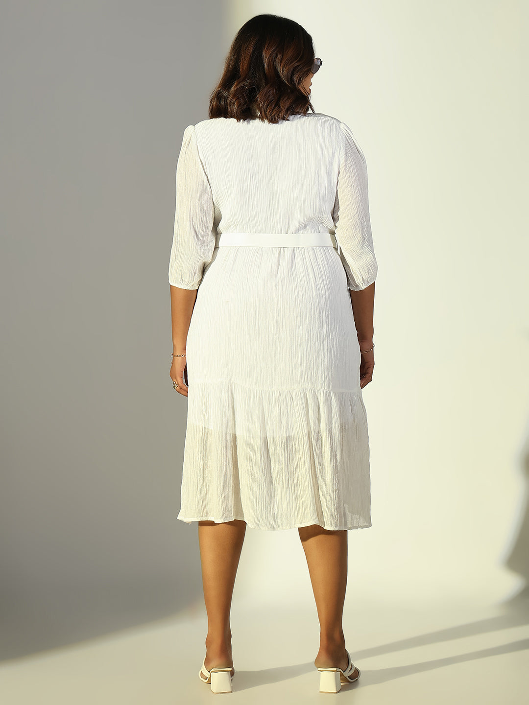 Women White Solid Fit and Flare Dress with Belt