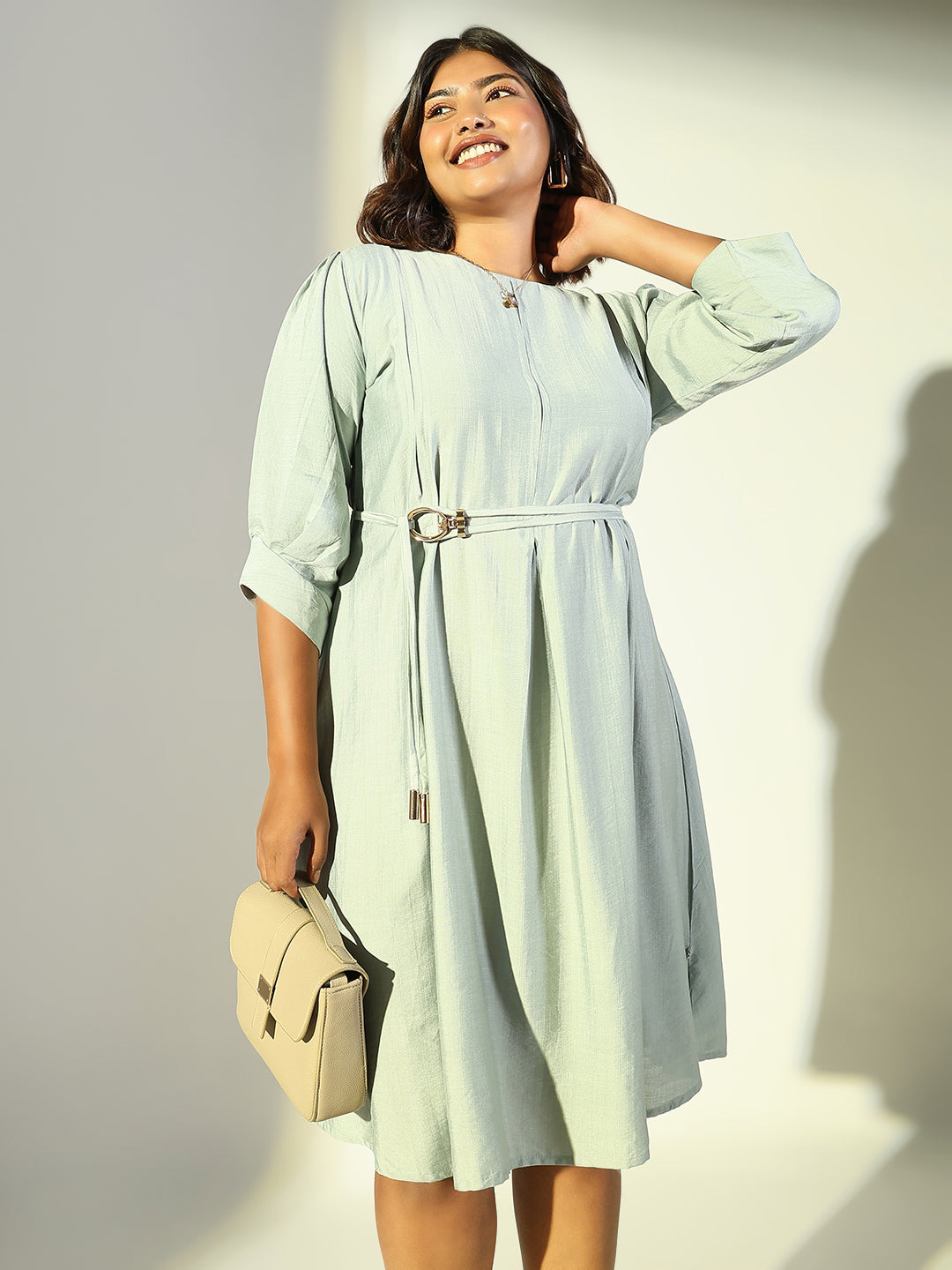 Women Sea Green Solid A Line Dress with Belt