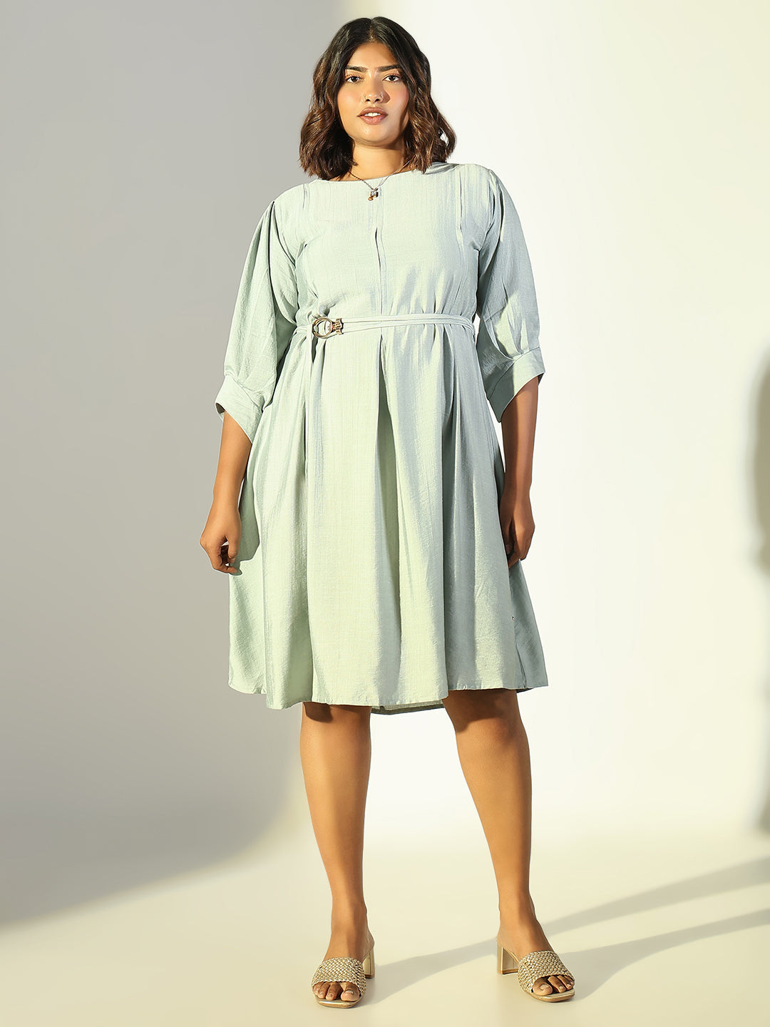 Women Sea Green Solid A Line Dress with Belt