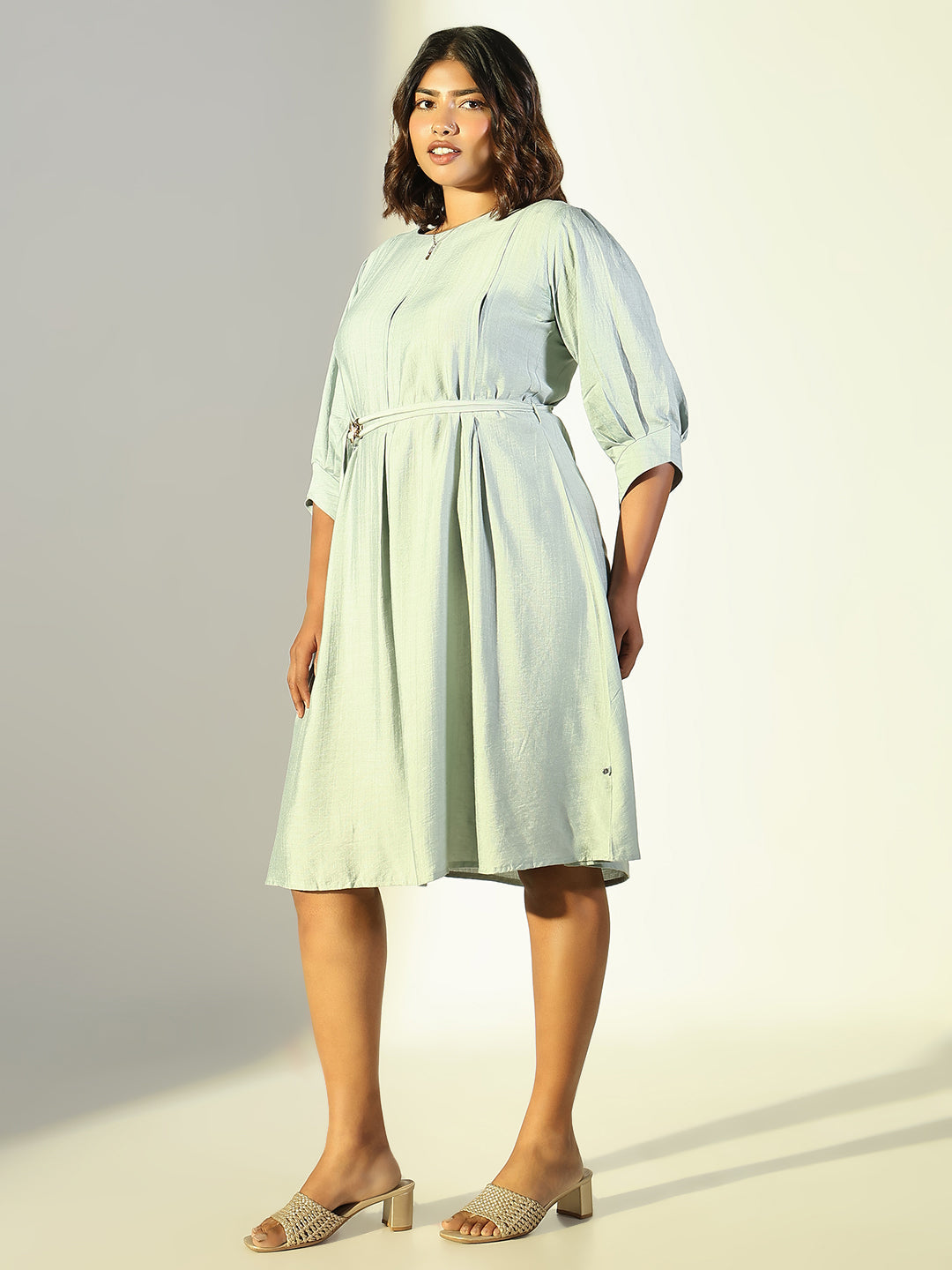 Women Sea Green Solid A Line Dress with Belt