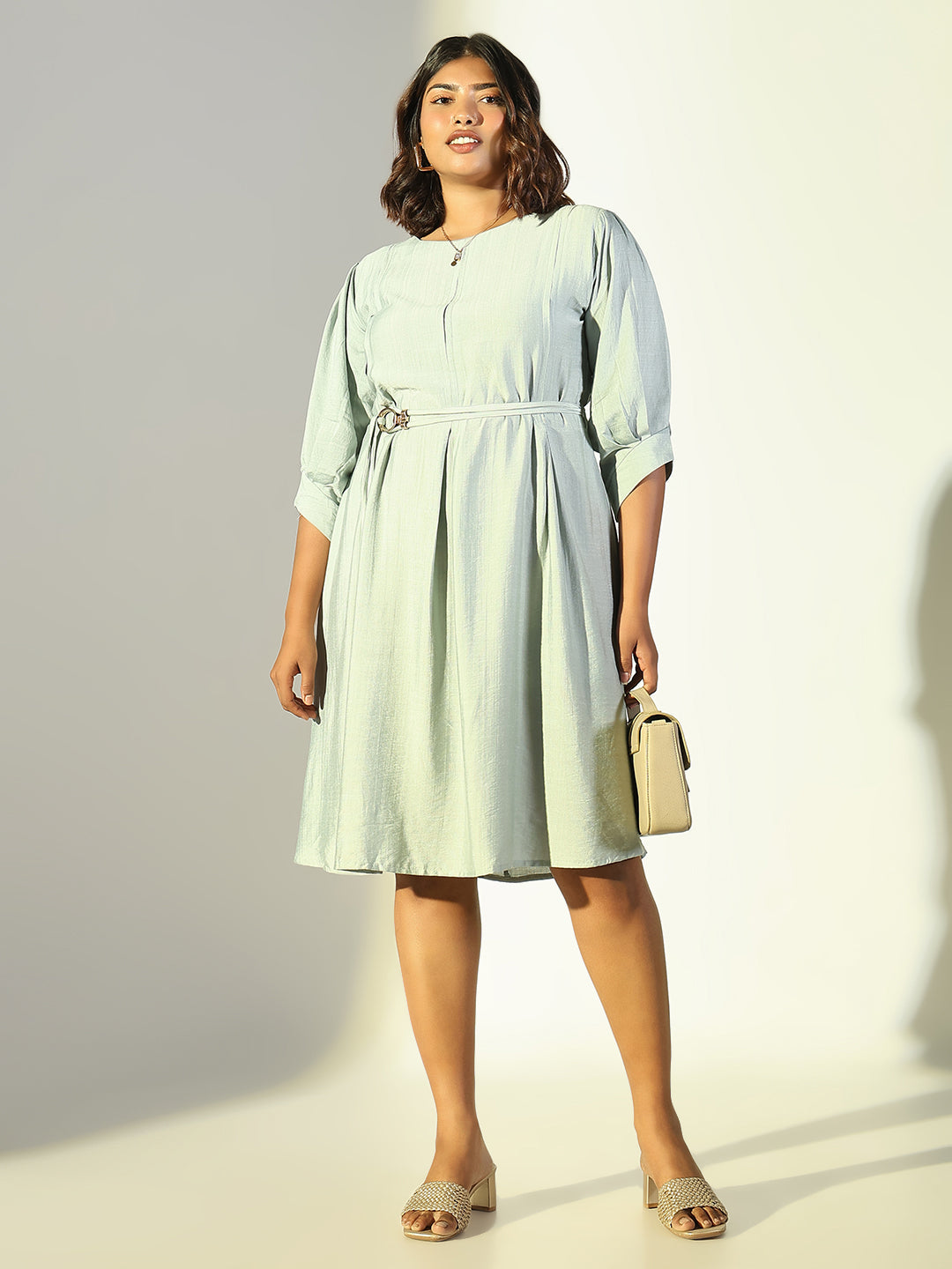 Women Sea Green Solid A Line Dress with Belt