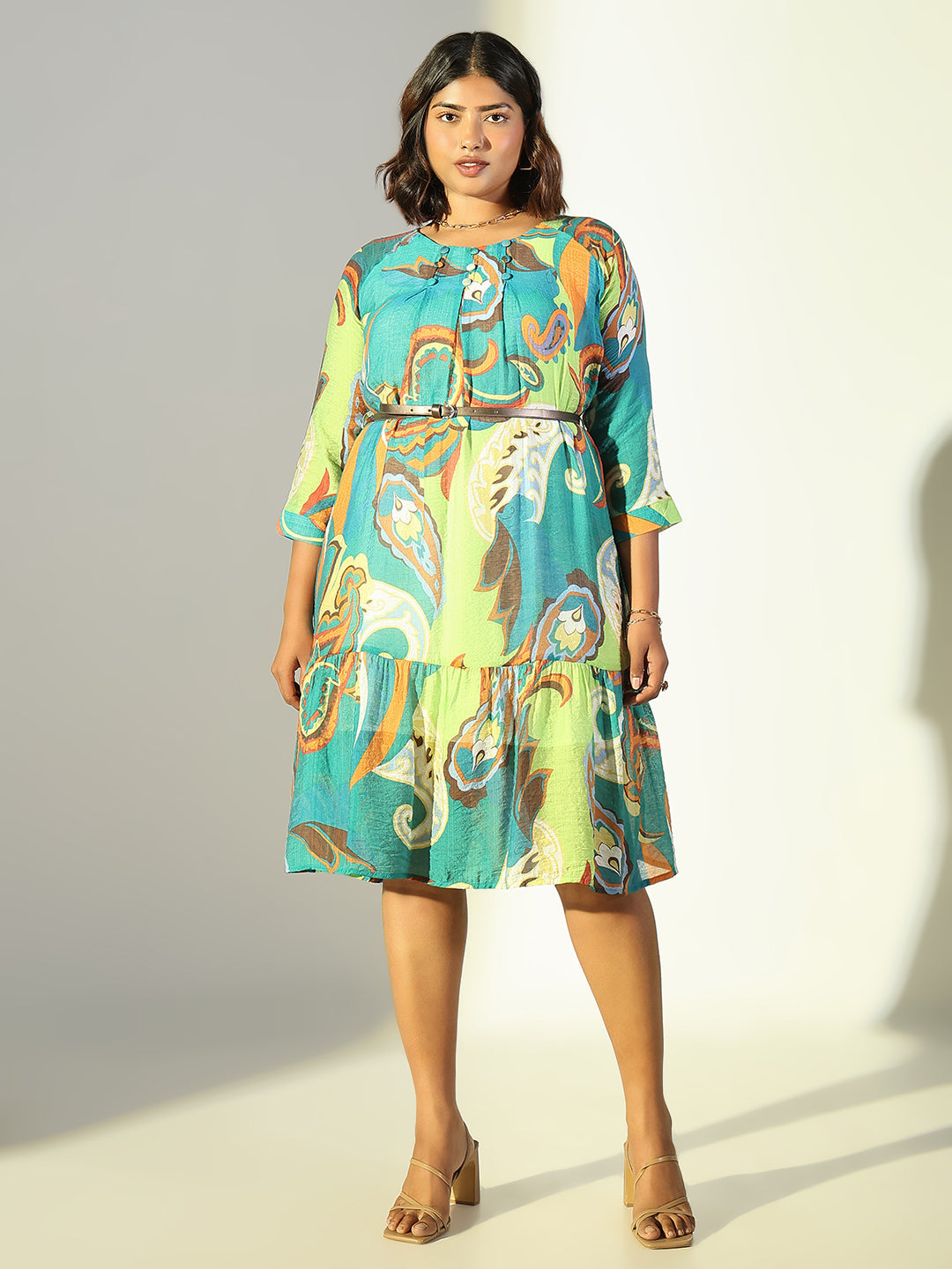 Women Green Floral A Line Dress with Belt