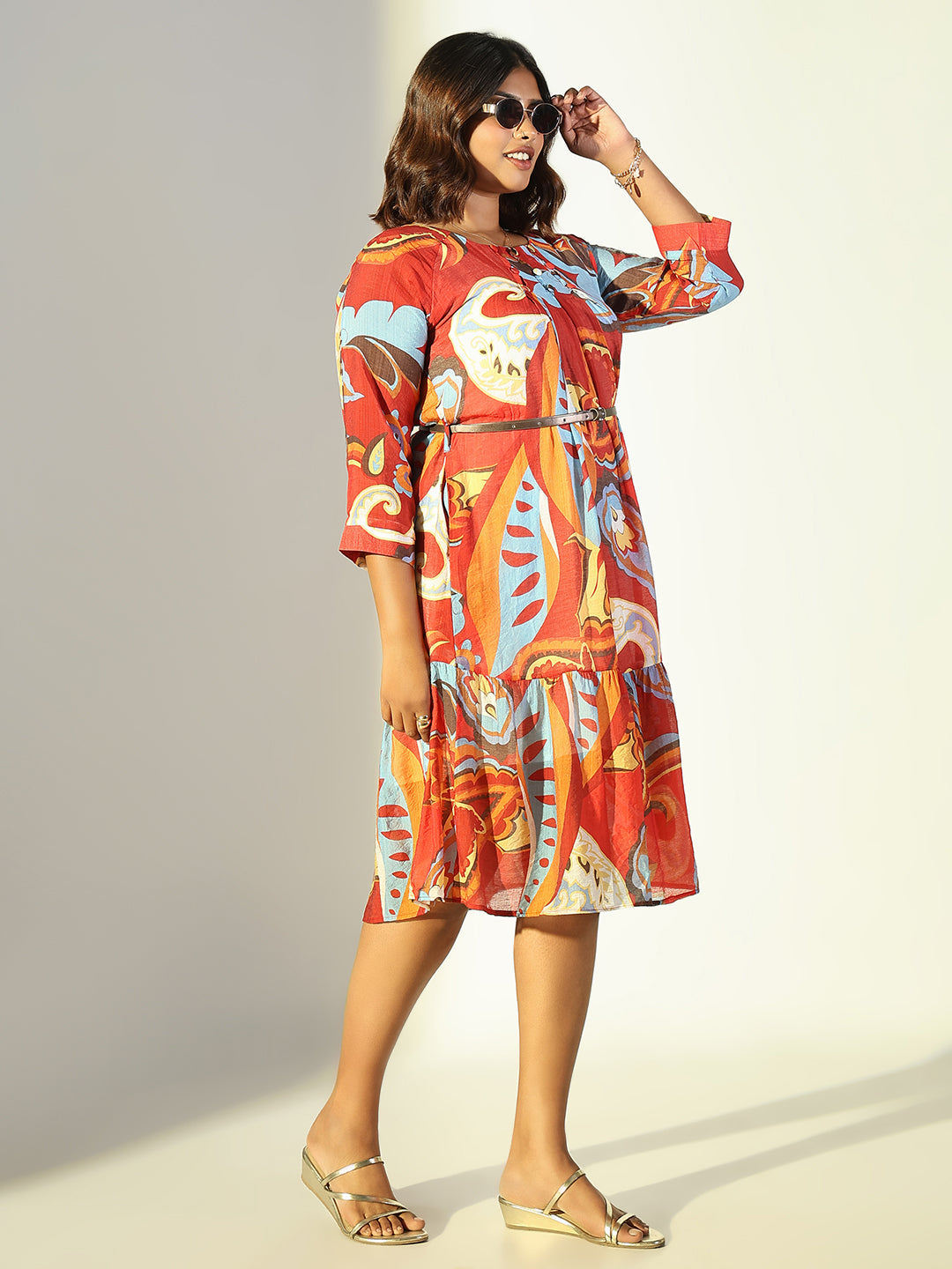 Women Red Floral A Line Dress with Belt