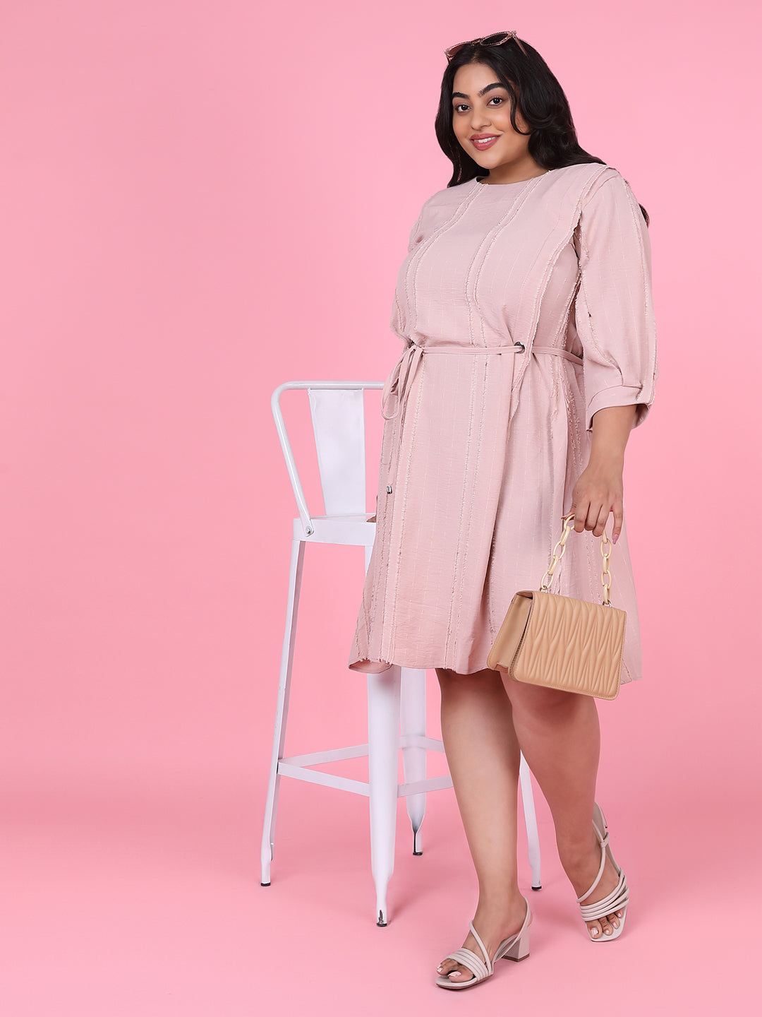 Women Solid Peach Fit and Flare Dress