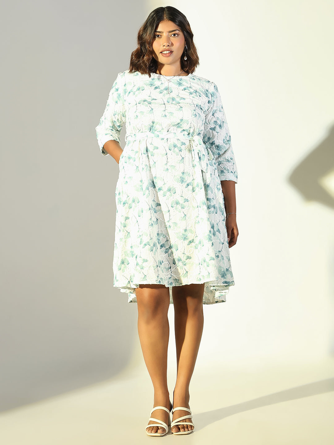 Women Green Floral A Line Dress with Belt