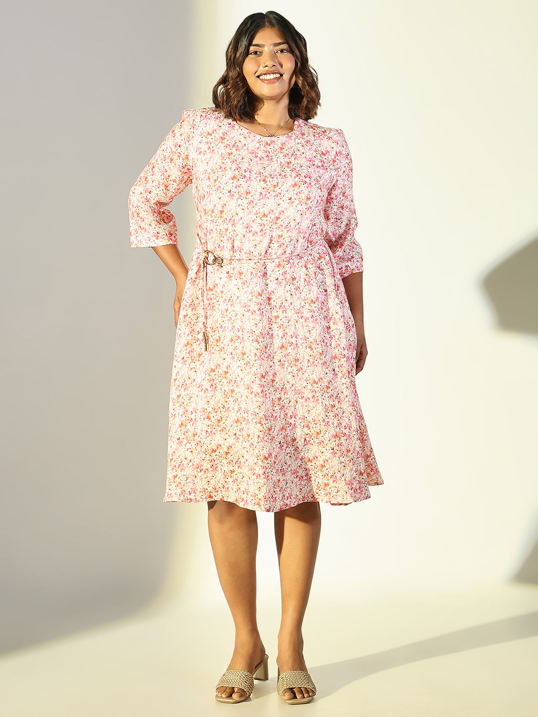 Women Pink Floral Fit and Flare Dress with Belt