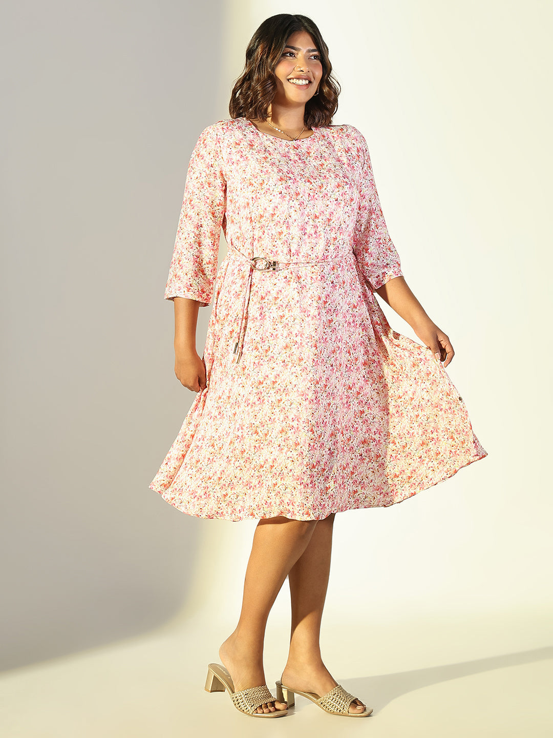 Women Pink Floral Fit and Flare Dress with Belt