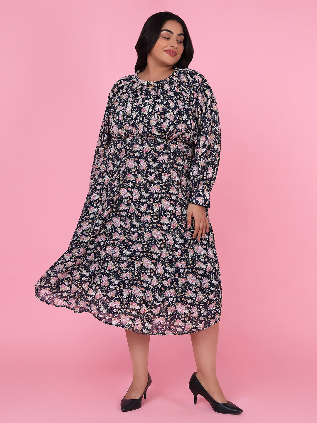 Women Floral Navy Blue Fit and Flare Midi Dress