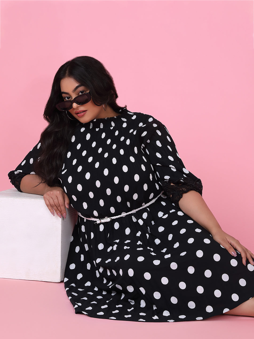 Women Polka Dots Black Fit and Flare Dress with Belt