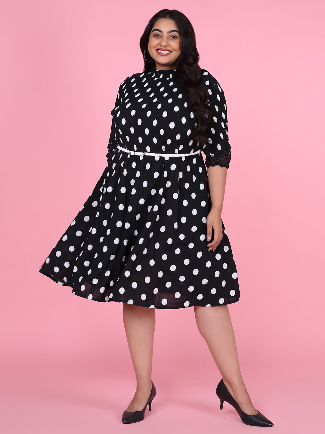 Women Polka Dots Black Fit and Flare Dress with Belt